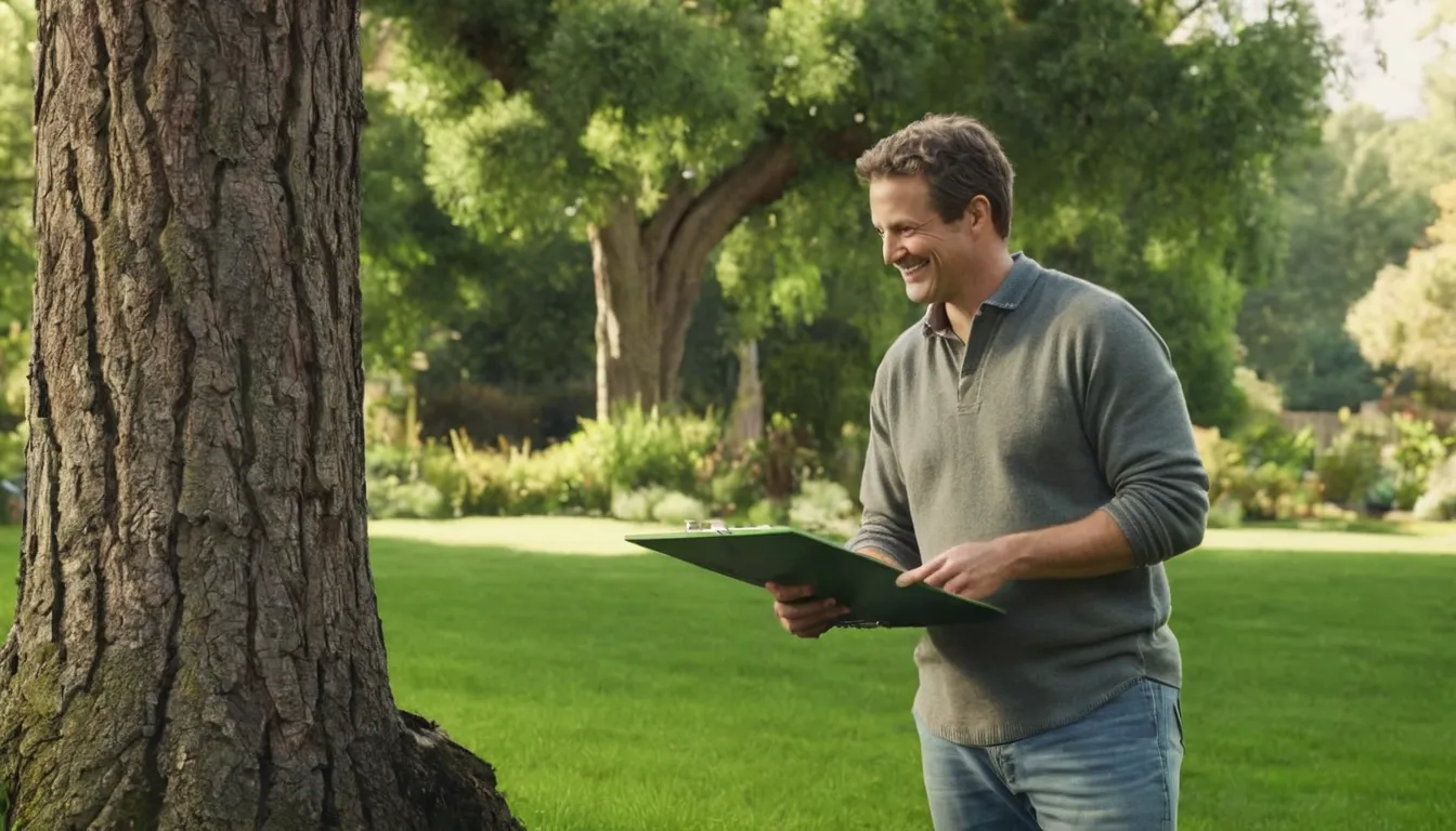 A provider checking a tree trunk in a Birmingham yard while a homeowner looks on